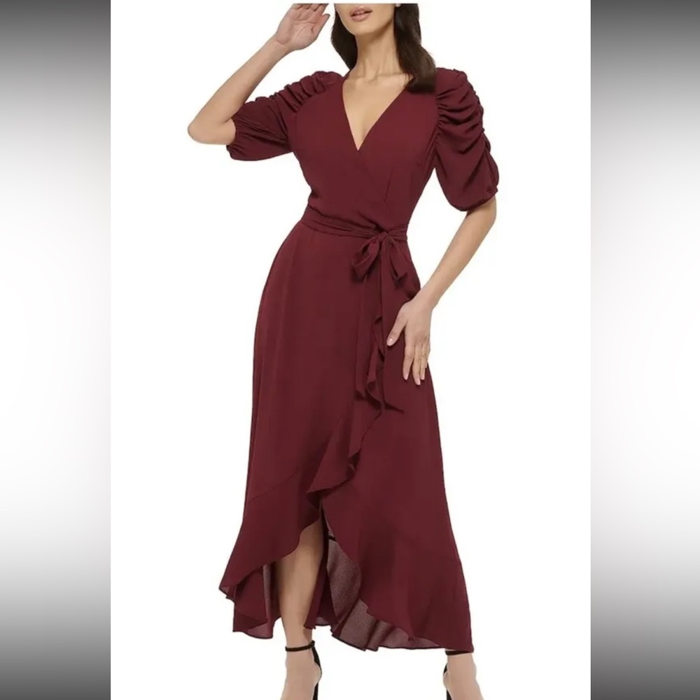 Kensie Burgundy Wrap Midi Dress